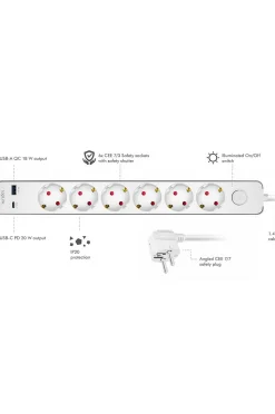 LogiLink Grenuttag 6-vägs + USB-A/USB-C