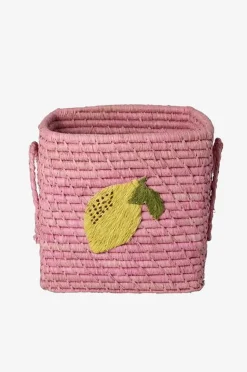 RICE Raffia Square Basket med Big Lemon-broderi och raffiahandtag - Small